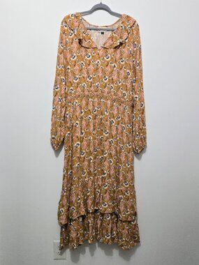 Universal Thread Prairie Boho Smock Floral Long Sleeve Tiered Maxi Dress Sz XXL